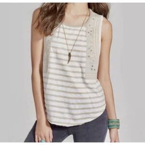 FREE PEOPLE Wear Your Sparkle Striped Blouse Embroidered Cotton Tank Size Medium